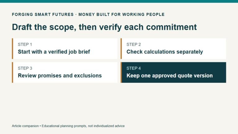 Draft the scope, then verify each commitment. Start with a verified job brief. Check calculations separately. Review promises and exclusions. Keep one approved quote version.