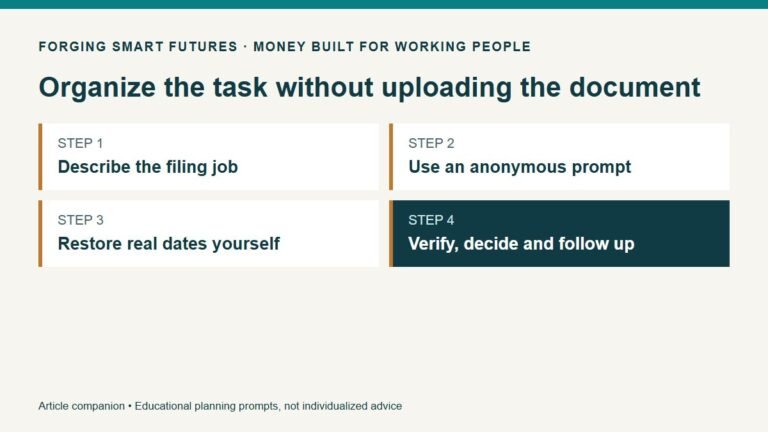 Organize the task without uploading the document. Describe the filing job. Use an anonymous prompt. Restore real dates yourself. Verify, decide and follow up.