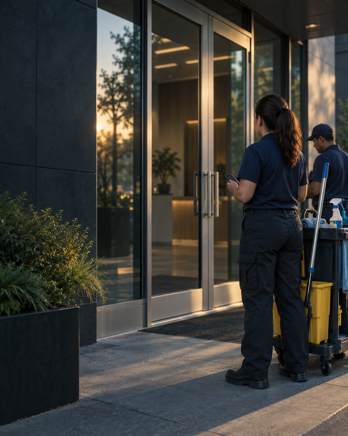 A service crew waiting outside a building while access is checked