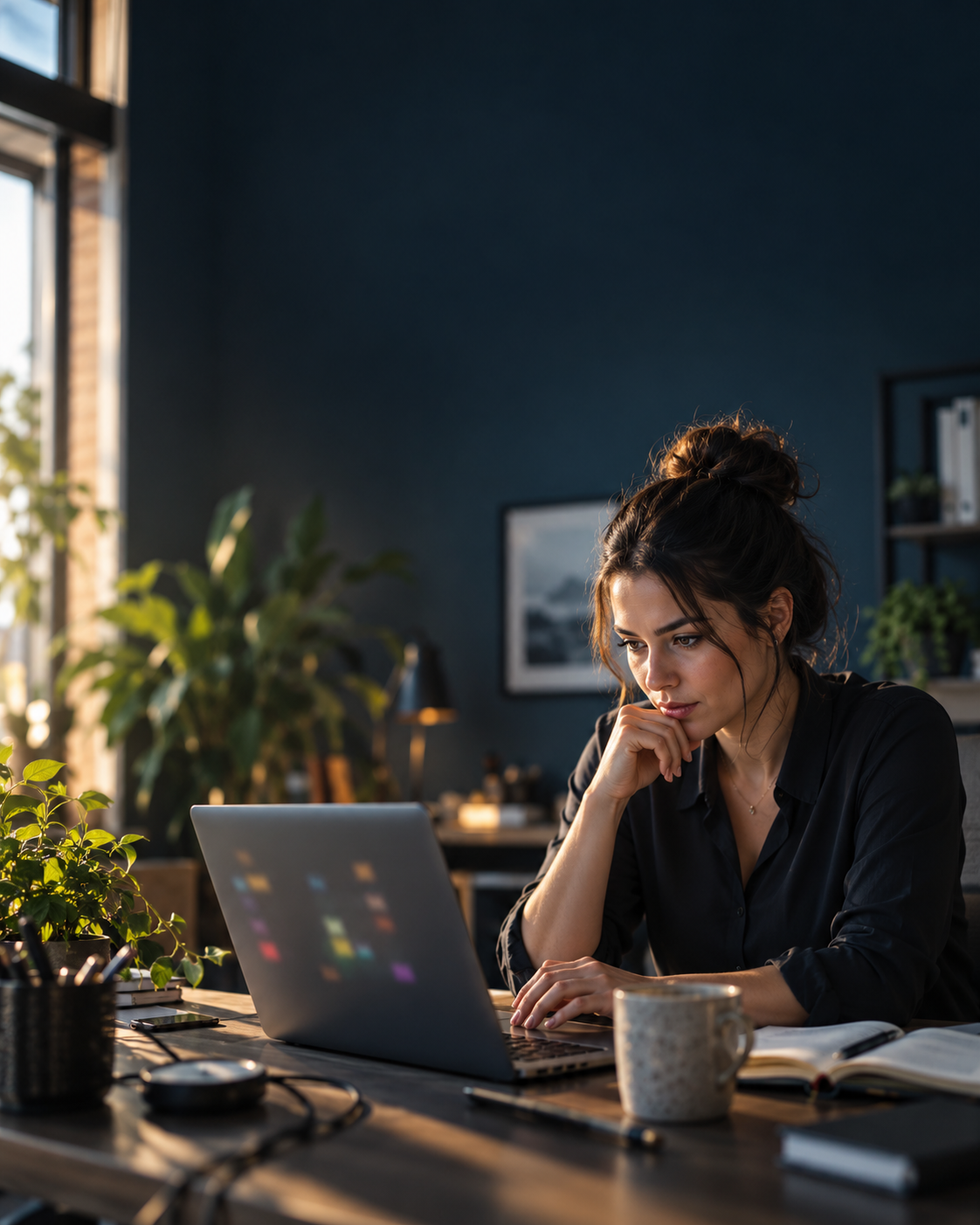 An office coordinator reviewing an interrupted workflow on a laptop