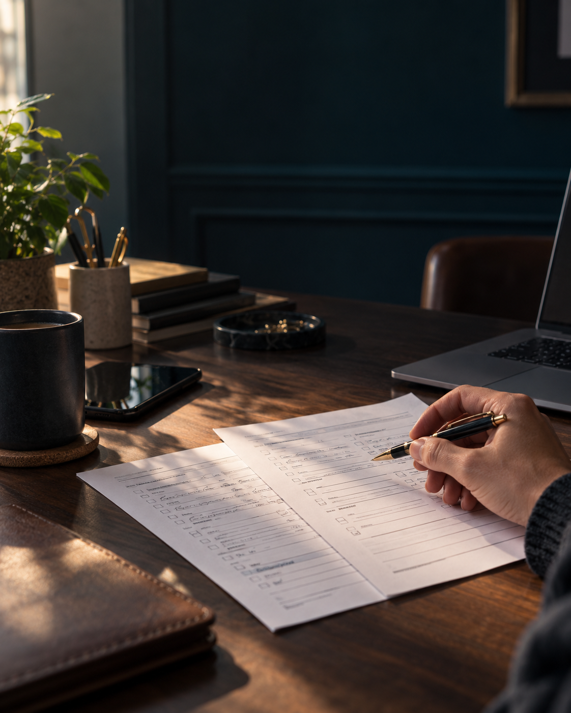 A person comparing two customer record forms beside a laptop