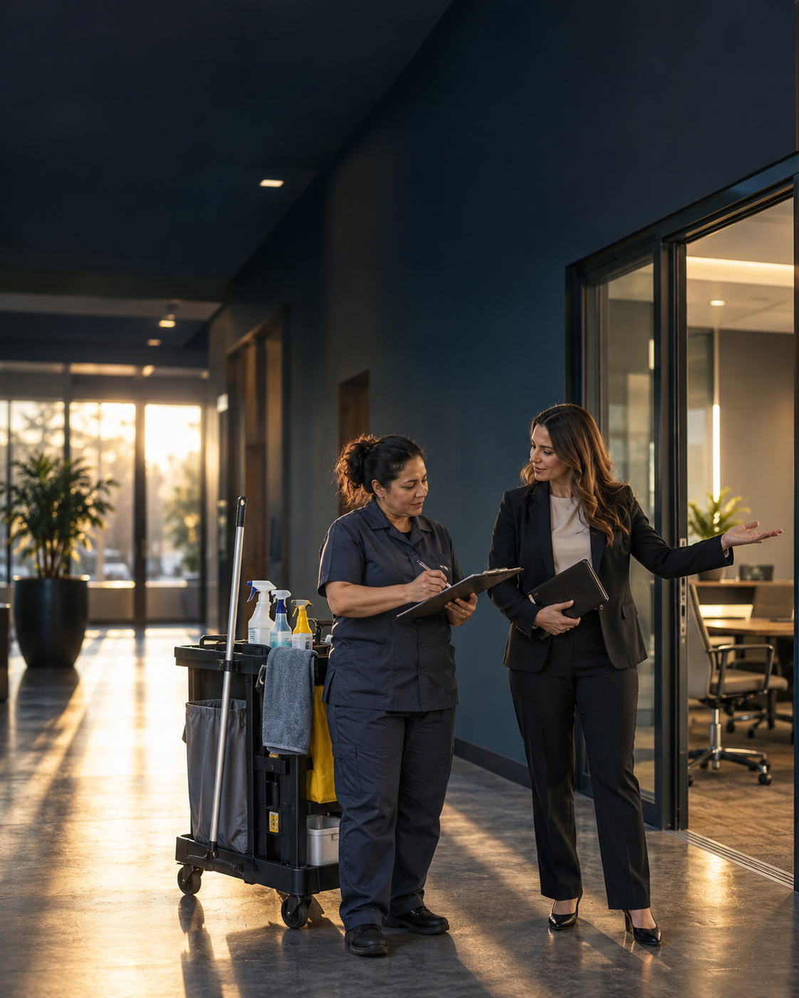 A property manager discussing an added work area with a cleaning crew lead